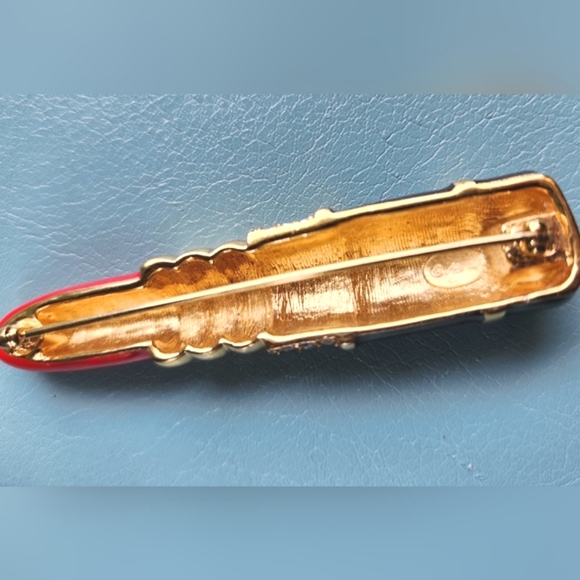 Vtg KENNETH J LANE Glossy RED "KJL" Lipstick Pin Gold Enamel Rhinestones Brooch - Picture 5 of 12
